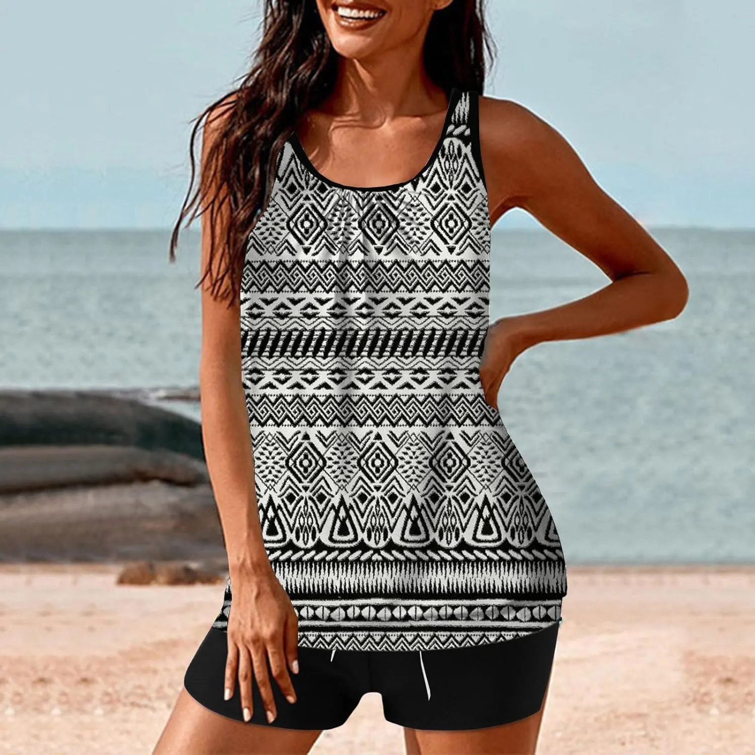 Lastesso Womens Tankini Bathing Suits Trendy Blouson Swim Tank Top with Shorts Fashion Vacation Print Summer Bathing Suits