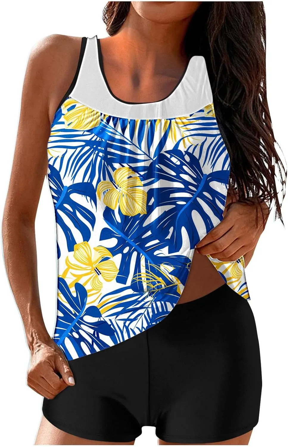 Lastesso Womens Tankini Bathing Suits Trendy Blouson Swim Tank Top with Shorts Fashion Vacation Print Summer Bathing Suits