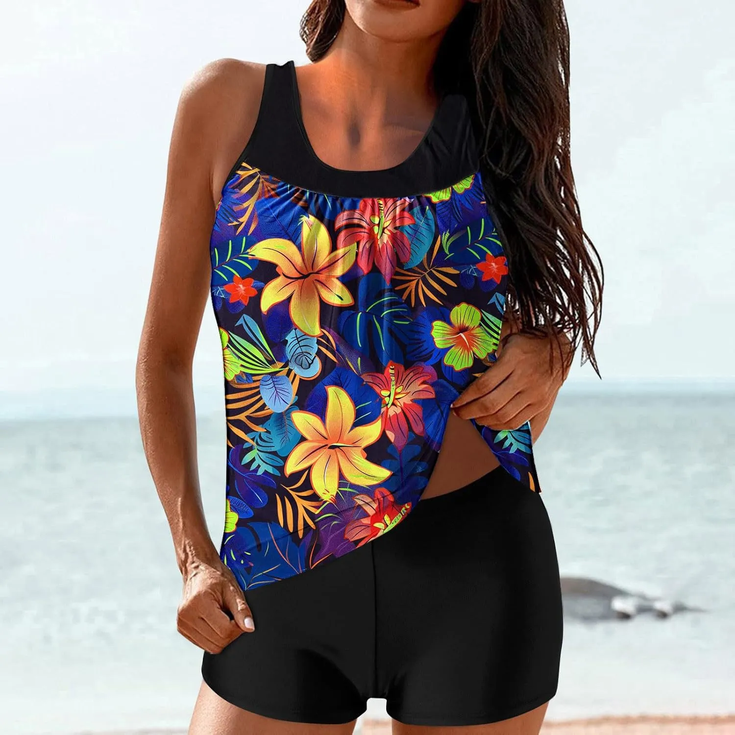 Lastesso Womens Tankini Bathing Suits Trendy Blouson Swim Tank Top with Shorts Fashion Vacation Print Summer Bathing Suits