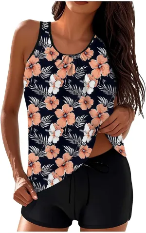 Lastesso Womens Tankini Bathing Suits Trendy Blouson Swim Tank Top with Shorts Fashion Vacation Print Summer Bathing Suits