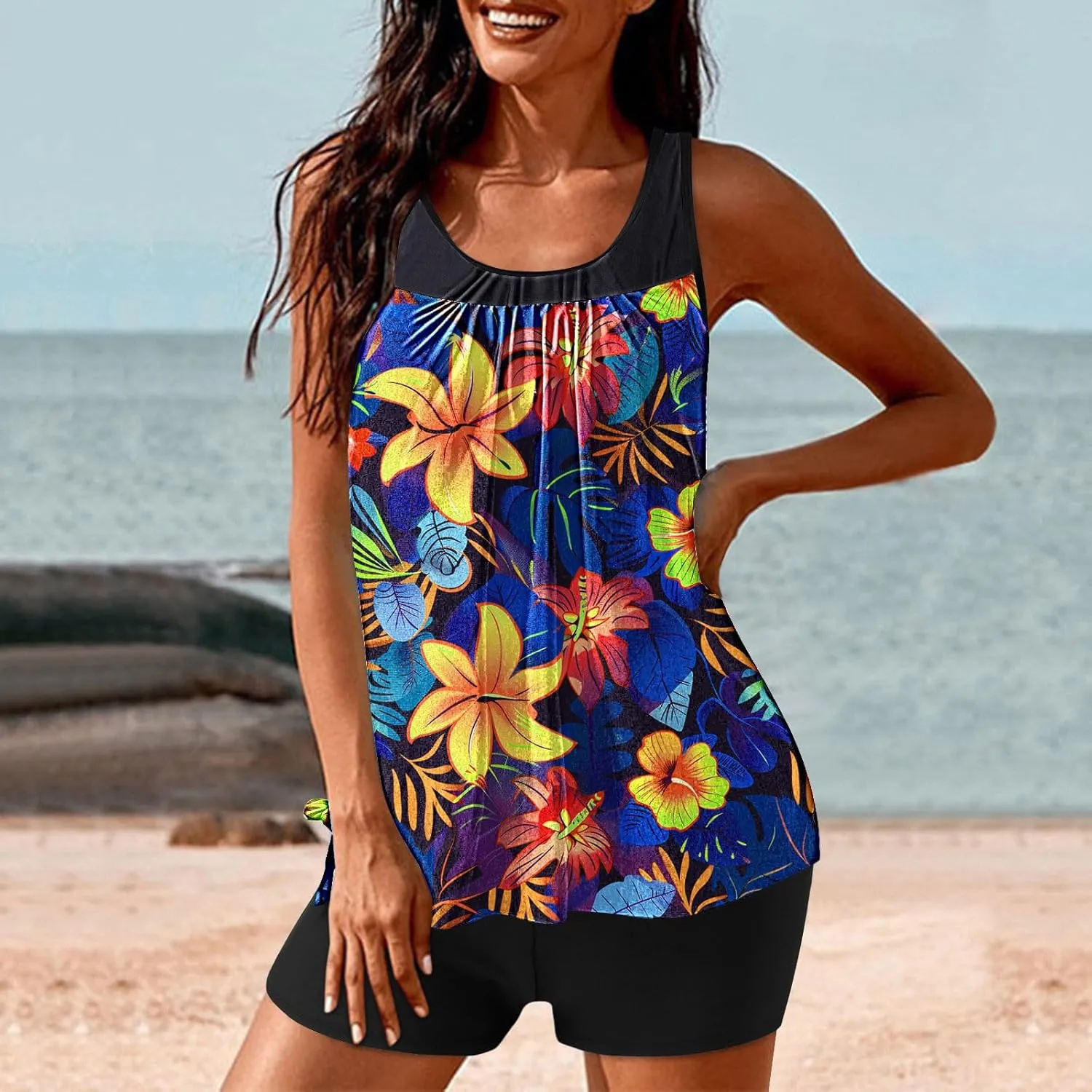 Lastesso Womens Tankini Bathing Suits Trendy Blouson Swim Tank Top with Shorts Fashion Vacation Print Summer Bathing Suits