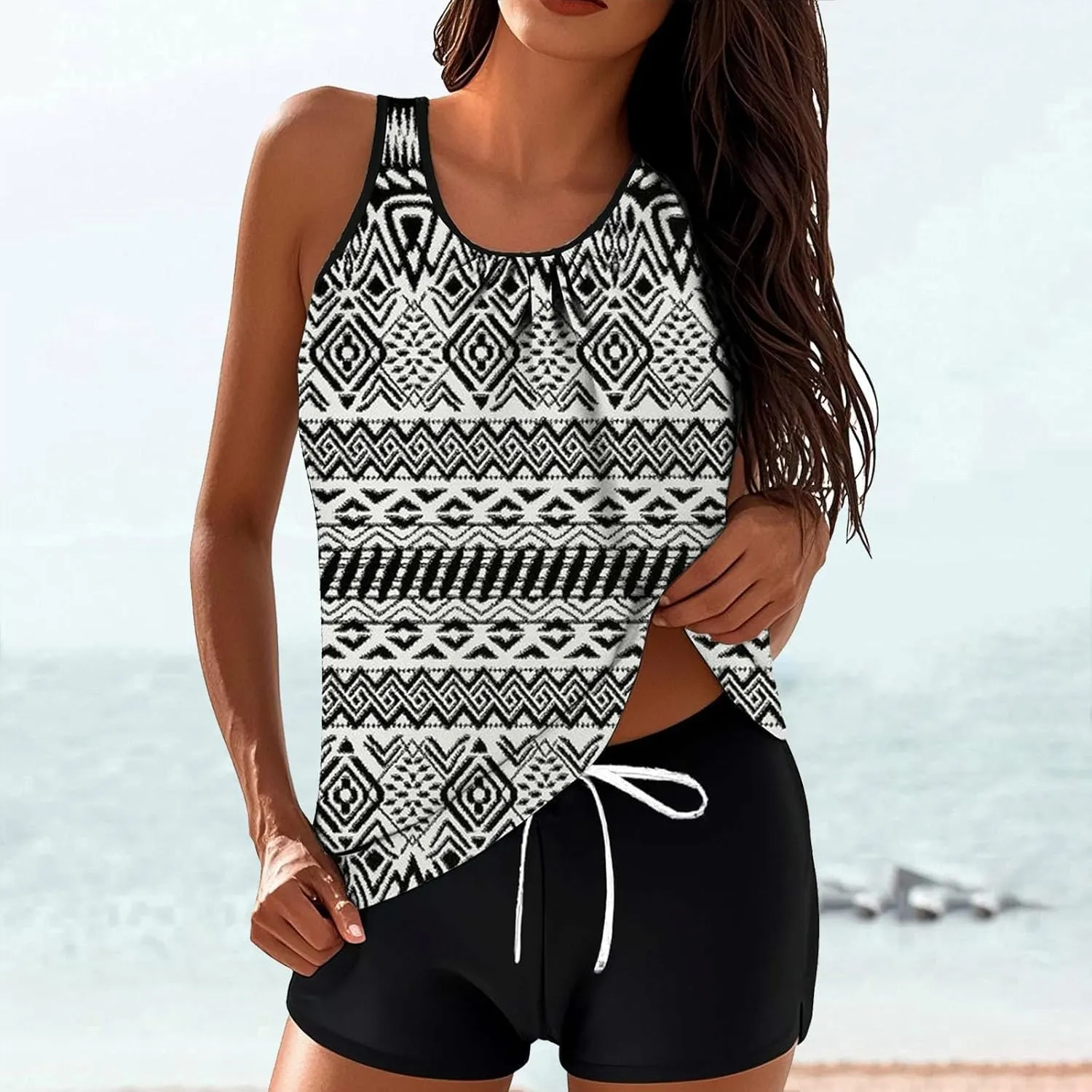 Lastesso Womens Tankini Bathing Suits Trendy Blouson Swim Tank Top with Shorts Fashion Vacation Print Summer Bathing Suits