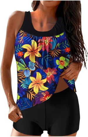 Lastesso Womens Tankini Bathing Suits Trendy Blouson Swim Tank Top with Shorts Fashion Vacation Print Summer Bathing Suits