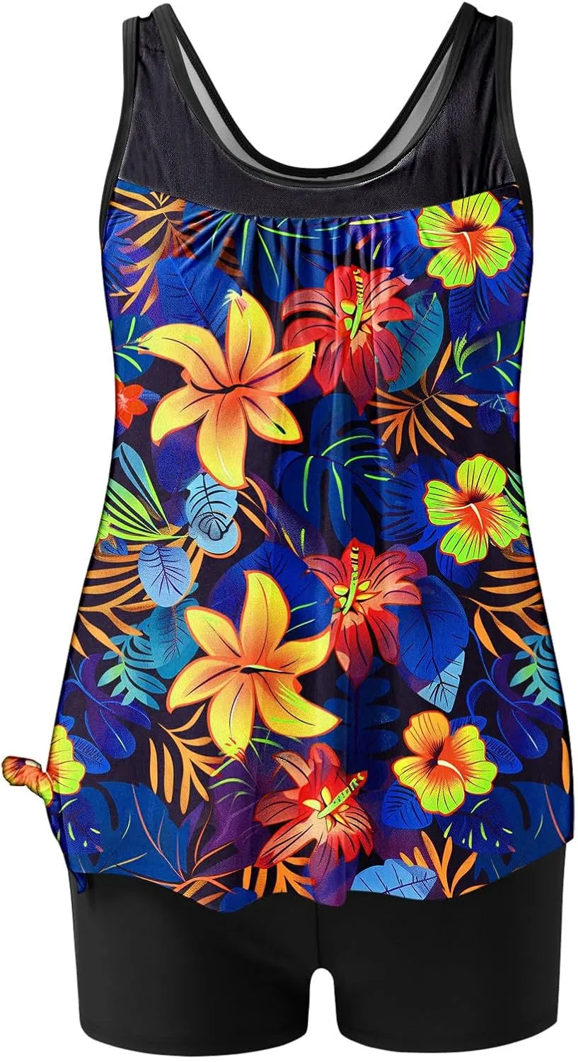 Lastesso Womens Tankini Bathing Suits Trendy Blouson Swim Tank Top with Shorts Fashion Vacation Print Summer Bathing Suits