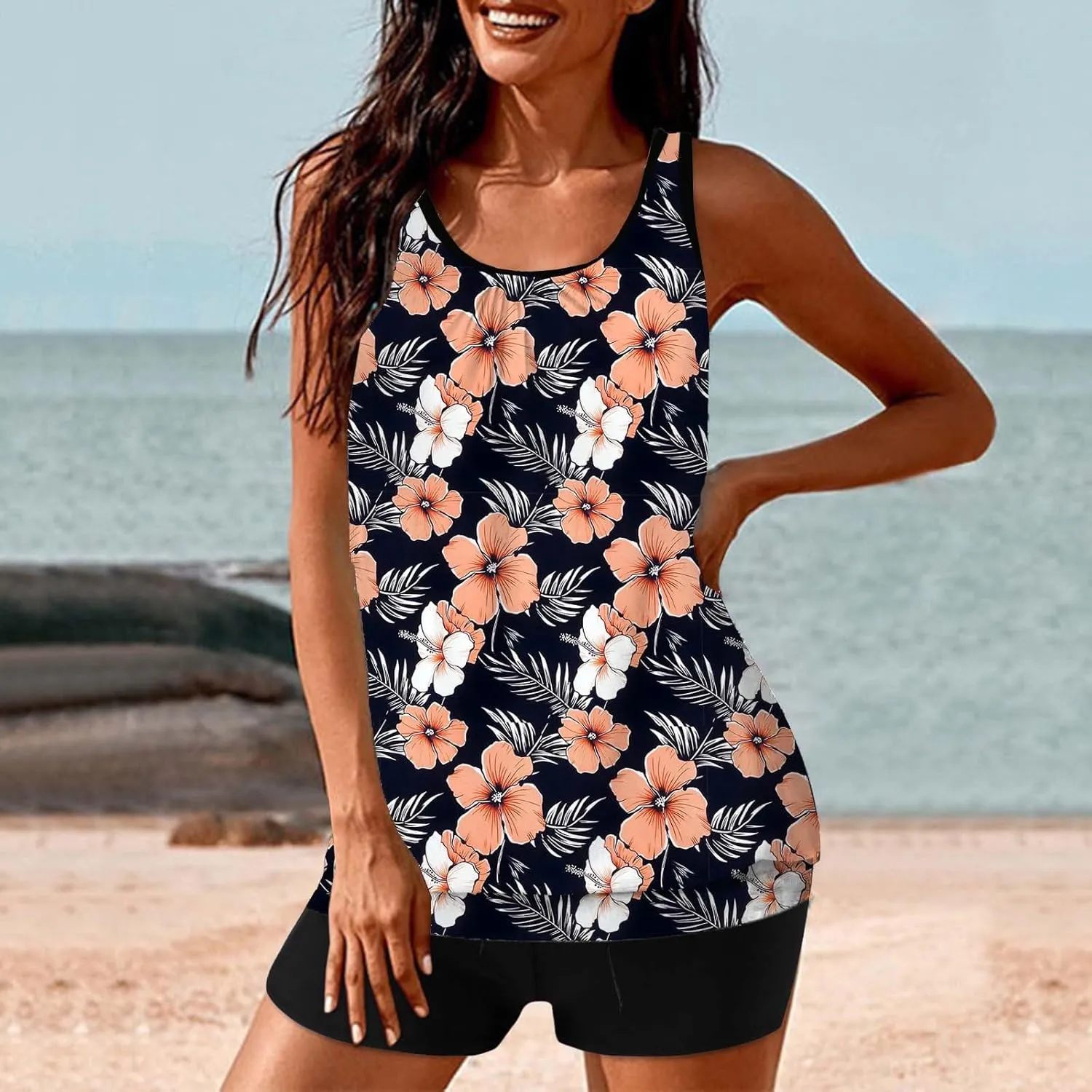Lastesso Womens Tankini Bathing Suits Trendy Blouson Swim Tank Top with Shorts Fashion Vacation Print Summer Bathing Suits