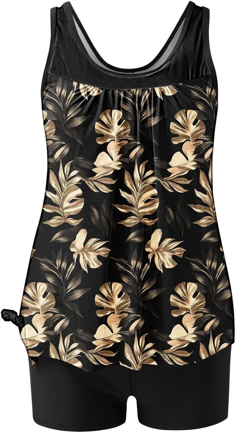 Lastesso Womens Tankini Bathing Suits Trendy Blouson Swim Tank Top with Shorts Fashion Vacation Print Summer Bathing Suits