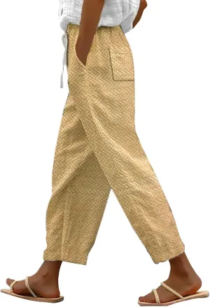 LCMTWX Womens Linen Pants Waist Cropped Casual Pants Gauza Pants White Cargo Pants White Linen Capris for Capri Pants for