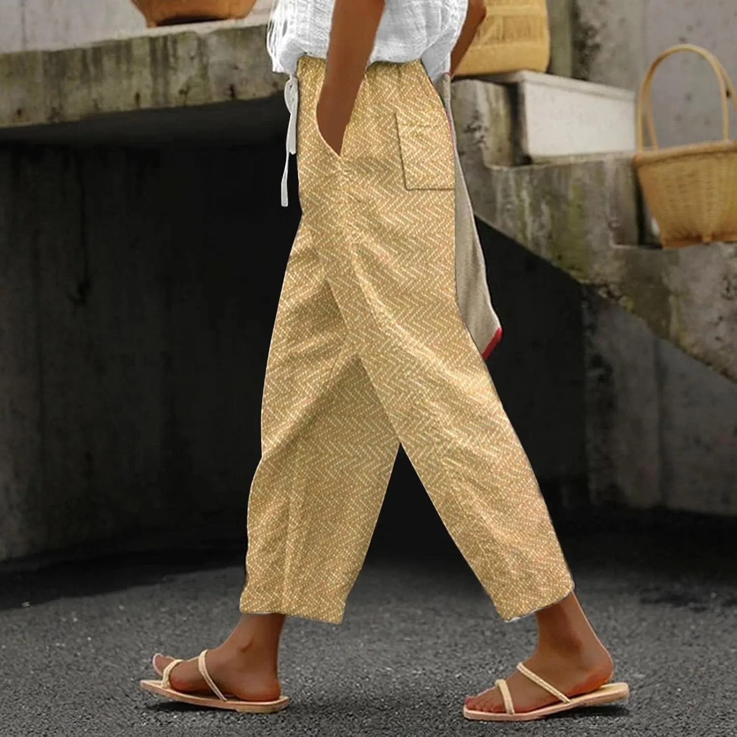 LCMTWX Womens Linen Pants Waist Cropped Casual Pants Gauza Pants White Cargo Pants White Linen Capris for Capri Pants for