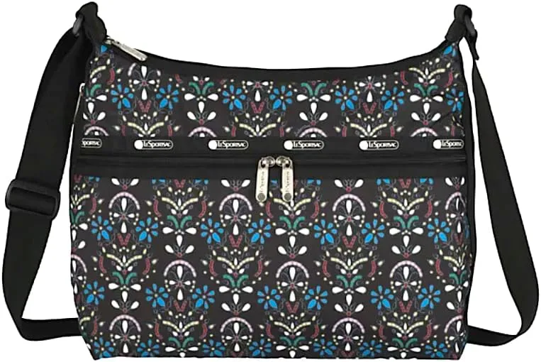 LeSportsac Cloistered Jewels Large Hobo Crossbody Bag, Style 3710/Color E469, Mosaic Art Tiles Designed in Colorful Crest & Flower Motifs, Vibrant Jewel Tones: Ruby, Azure, Emerald