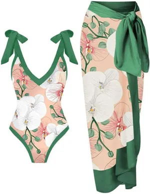 Lighting Deals Women's One Piece Swimsuit with Matching Cover Ups Wrap Skirt Sarong Retro Floral Print Two Piece Bathing Suit Competitive Swimsuit Women Green S