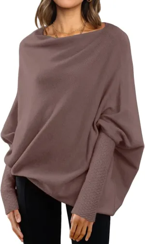 LILLUSORY Womens Batwing Oversized Sweaters 2025 Assymetrical Boat Neck Wrap Tunic Tops Fall Fashion Cloth Outfit