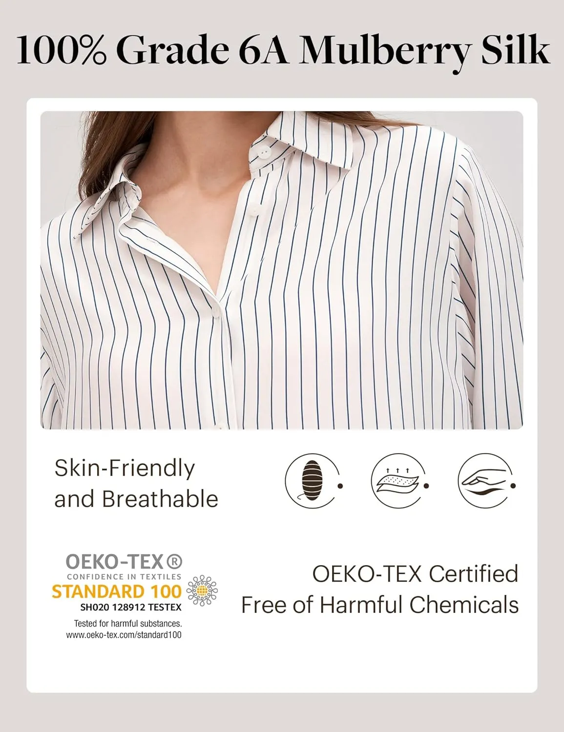 LilySilk Women's Blue Oversized Pure Silk Blouse, Long Sleeve Button Down Shirt, Casual Elegant, Size US 16.5