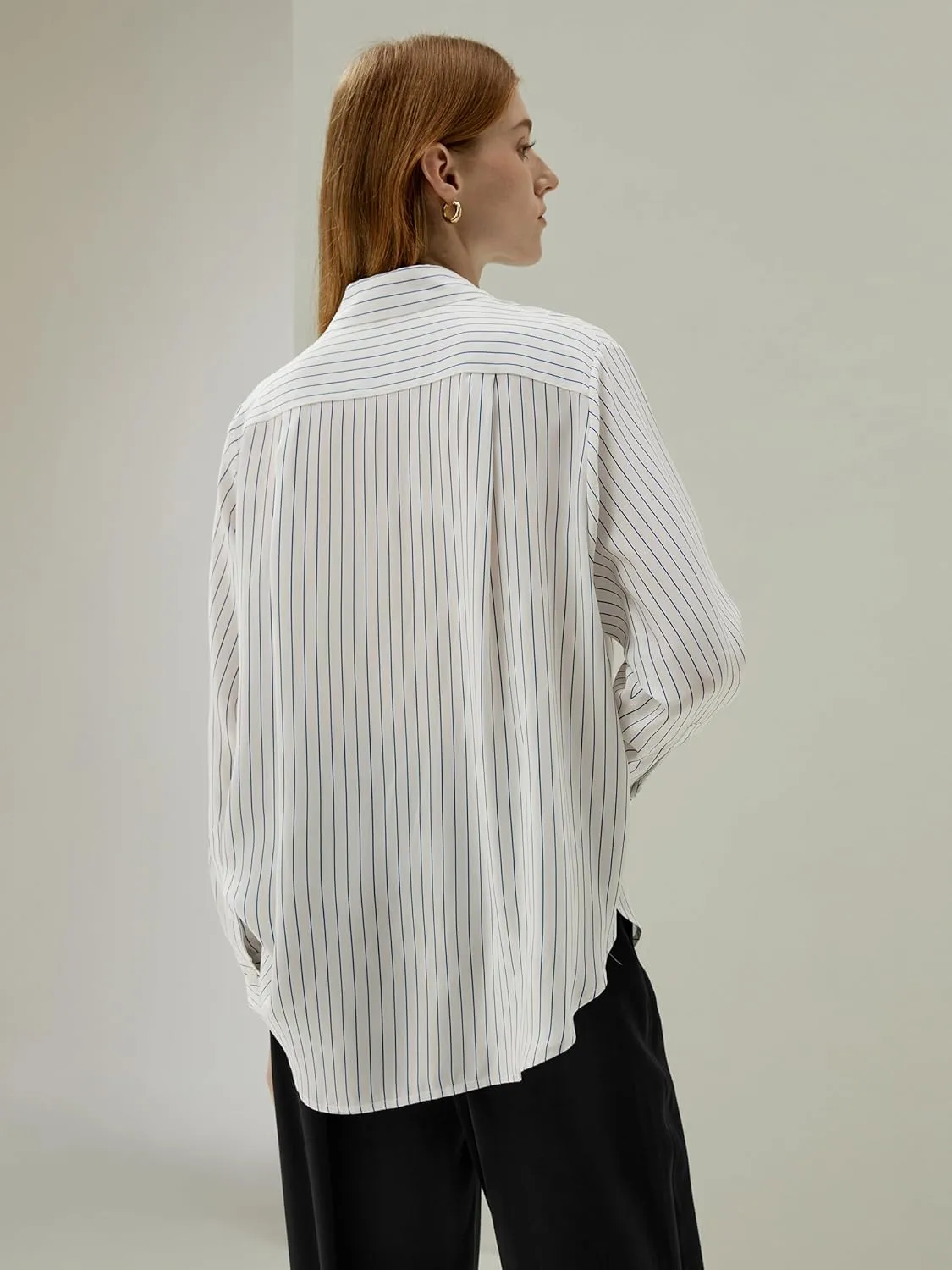 LilySilk Women's Blue Oversized Pure Silk Blouse, Long Sleeve Button Down Shirt, Casual Elegant, Size US 16.5