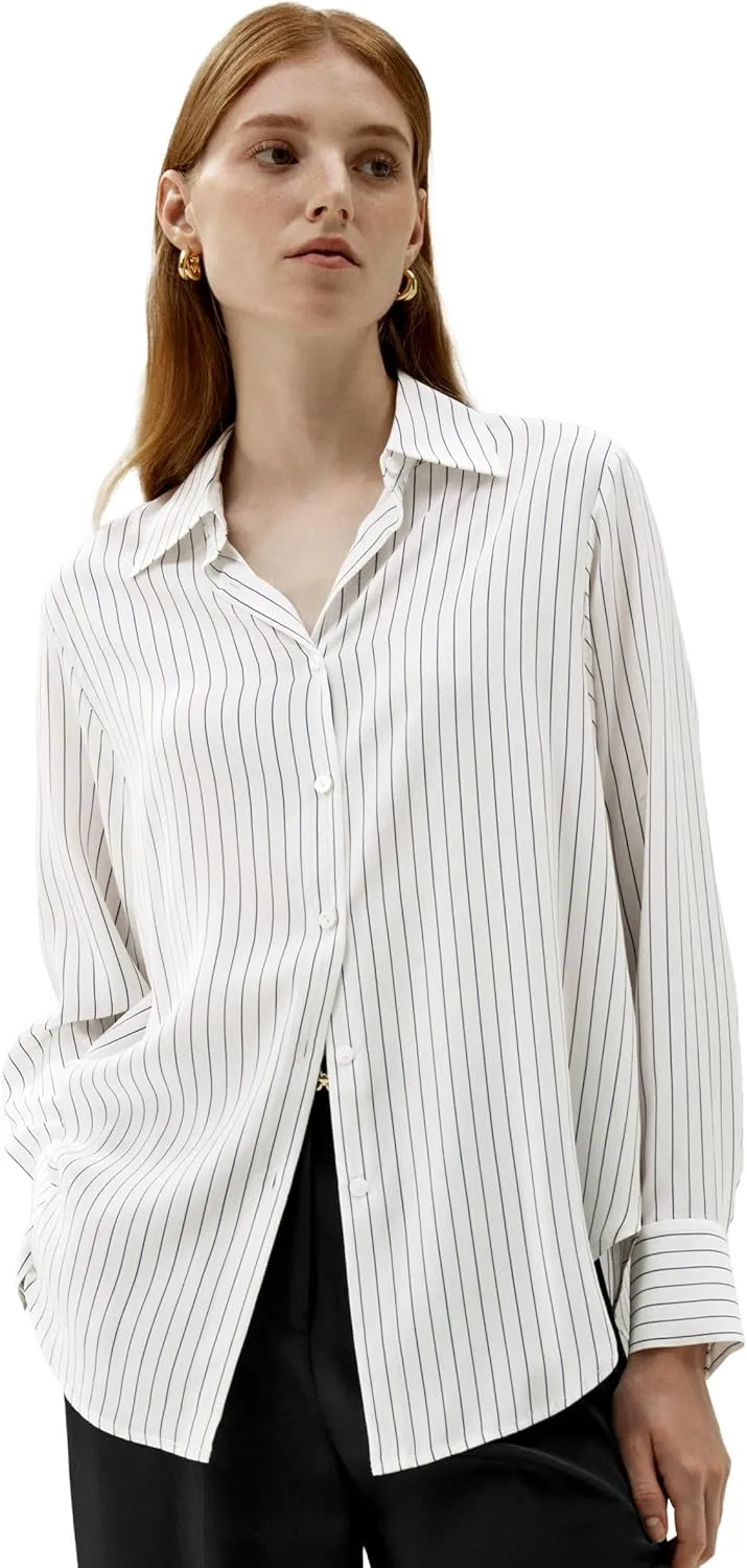 LilySilk Women's Blue Oversized Pure Silk Blouse, Long Sleeve Button Down Shirt, Casual Elegant, Size US 16.5