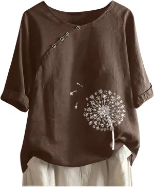 Linen Blouses for Women Casual Cropped Linen Shirt Women Women's Tops 3/4 Sleeve