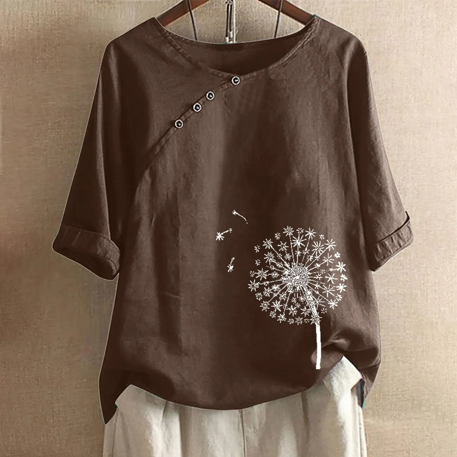 Linen Blouses for Women Casual Cropped Linen Shirt Women Women's Tops 3/4 Sleeve