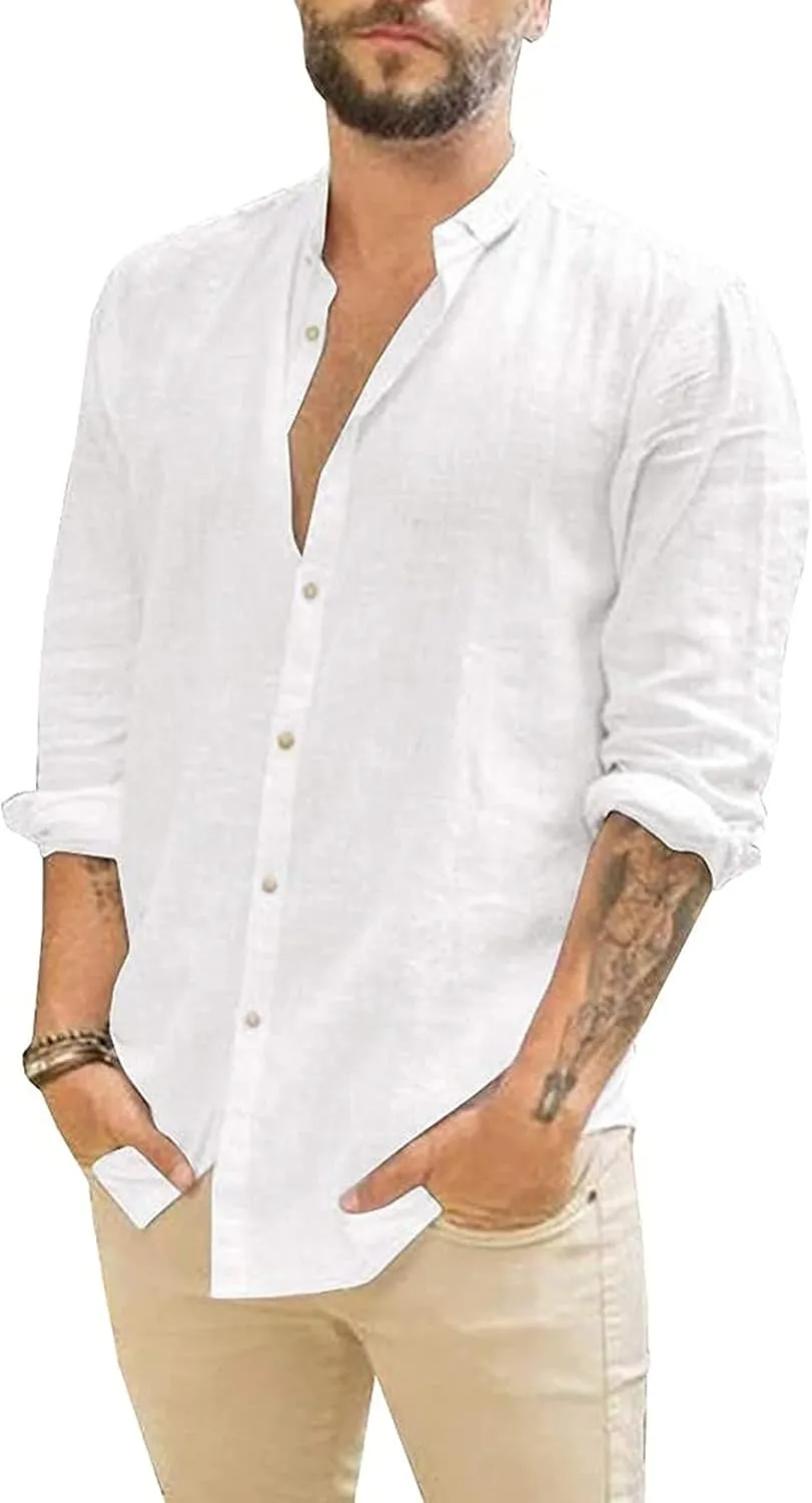 Linen Clothes,Long Sleeve Casual 2024 Plus Size Shirt Standing Collar Button Summer Trendy Blouse Top Tees