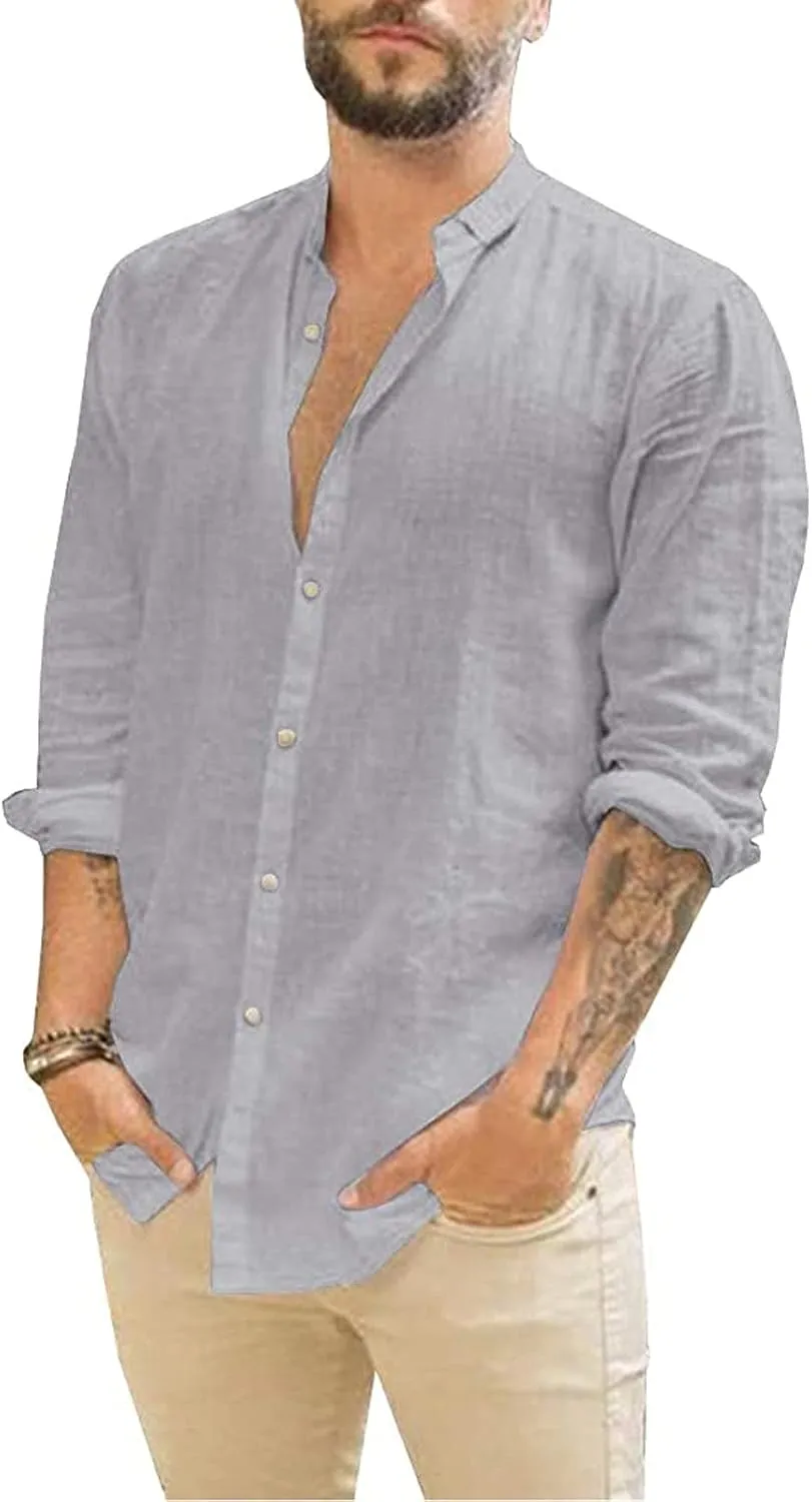 Linen Clothes,Long Sleeve Casual 2024 Plus Size Shirt Standing Collar Button Summer Trendy Blouse Top Tees