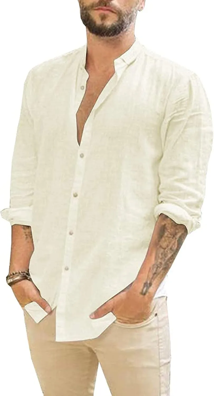 Linen Clothes,Long Sleeve Casual 2024 Plus Size Shirt Standing Collar Button Summer Trendy Blouse Top Tees
