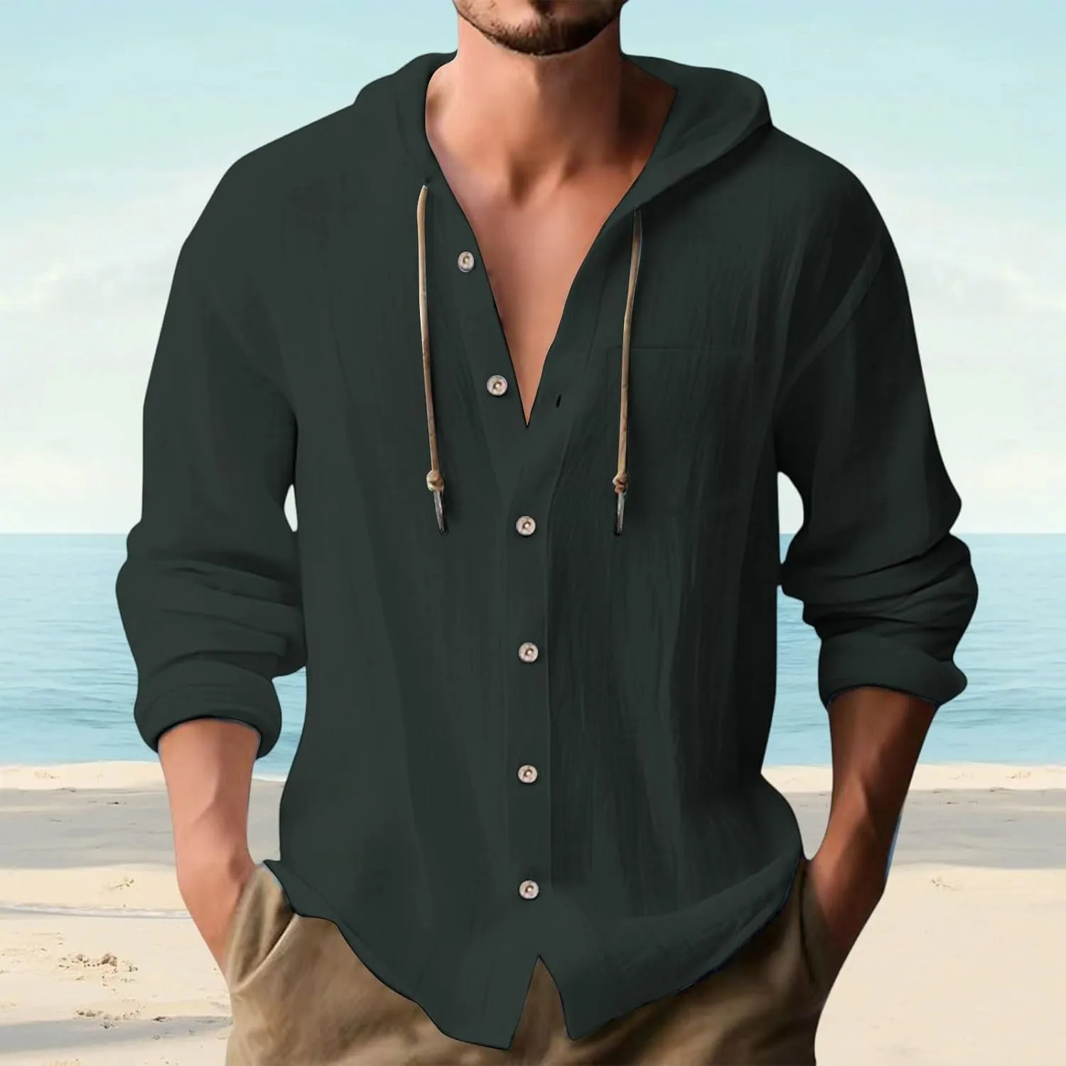 Linen Hoodies for Men Button Down Long Sleeve Shirt Linen Hooded Sun Shirts Casual Hawaiian Beach Shirt