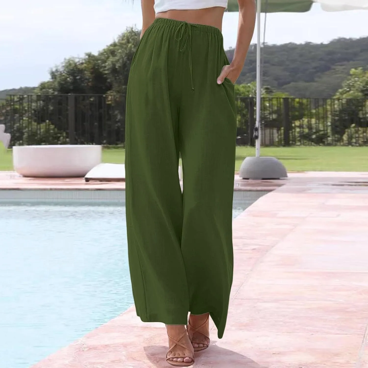 Linen Pants Women Summer Casual Boho Wide Leg Palazzo Pant High Waist Lightweight Flowy Beach Outfits Travel Vacation
