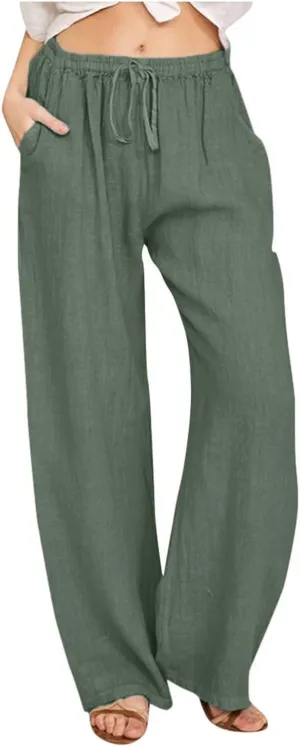 Linen Pants Women Wide Leg Yoga Pants with Pockets Elastic High Waisted Summer Casual Palazzo Pants Flowy Beach Pants