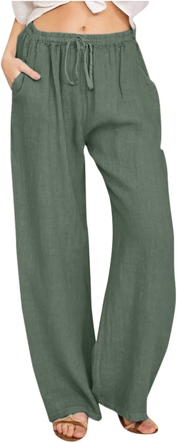 Linen Pants Women Wide Leg Yoga Pants with Pockets Elastic High Waisted Summer Casual Palazzo Pants Flowy Beach Pants