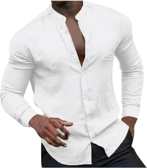 Linen Shirt Beach Men Trendy Cotton Button Down Long Sleeve Tees Shirts Solid Color Hawaiian Summer 2025 Blouses