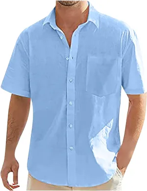 Linen Shirt for Men Short Sleeve Button Down Solid Color Casual Blouses Fashion Summer Hawaiian Comfy Shirts Tops