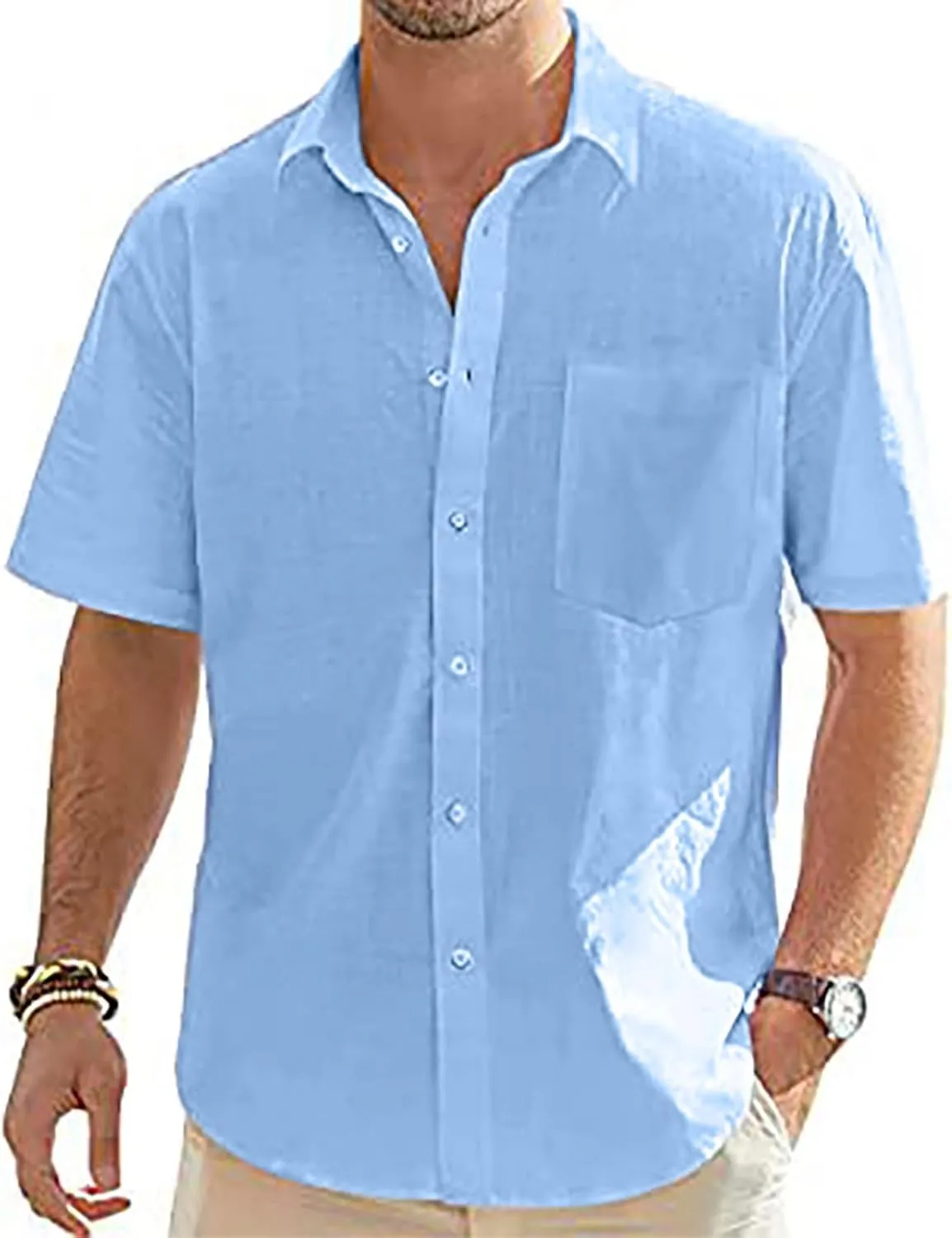Linen Shirt for Men Short Sleeve Button Down Solid Color Casual Blouses Fashion Summer Hawaiian Comfy Shirts Tops