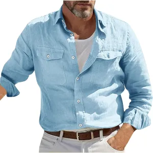 Linen Shirt Men Long Sleeve Solid Color Cotton Linen Button Down Tees with Pockets 2025 Spring Casual Blouses Top