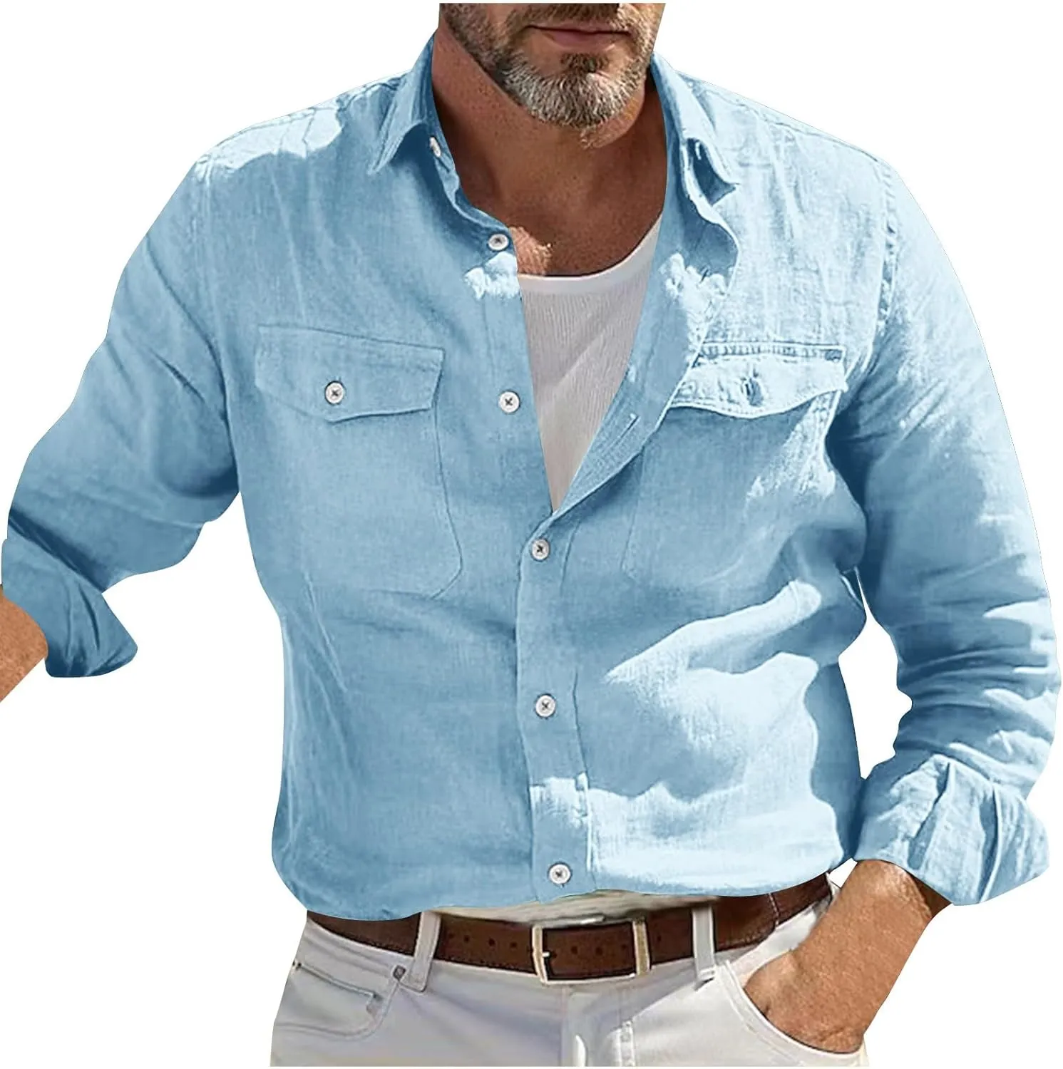 Linen Shirt Men Long Sleeve Solid Color Cotton Linen Button Down Tees with Pockets 2025 Spring Casual Blouses Top