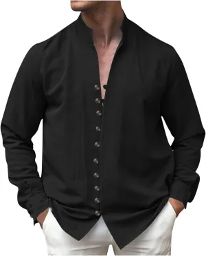 Linen Shirt Mens Long Sleeve Solid Color Button Down Beach Tees Shirts Hawaiian Fashion Casual Relaxed Loose Blouses