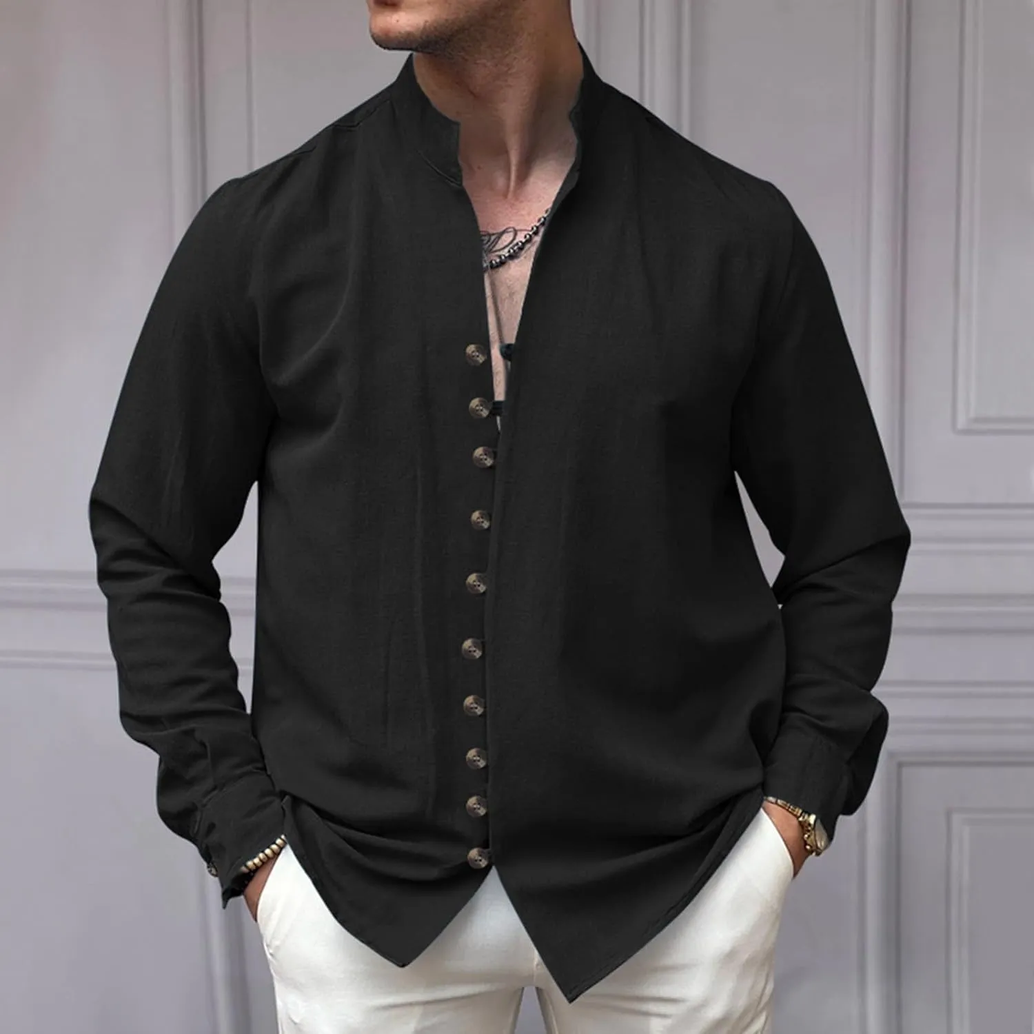 Linen Shirt Mens Long Sleeve Solid Color Button Down Beach Tees Shirts Hawaiian Fashion Casual Relaxed Loose Blouses