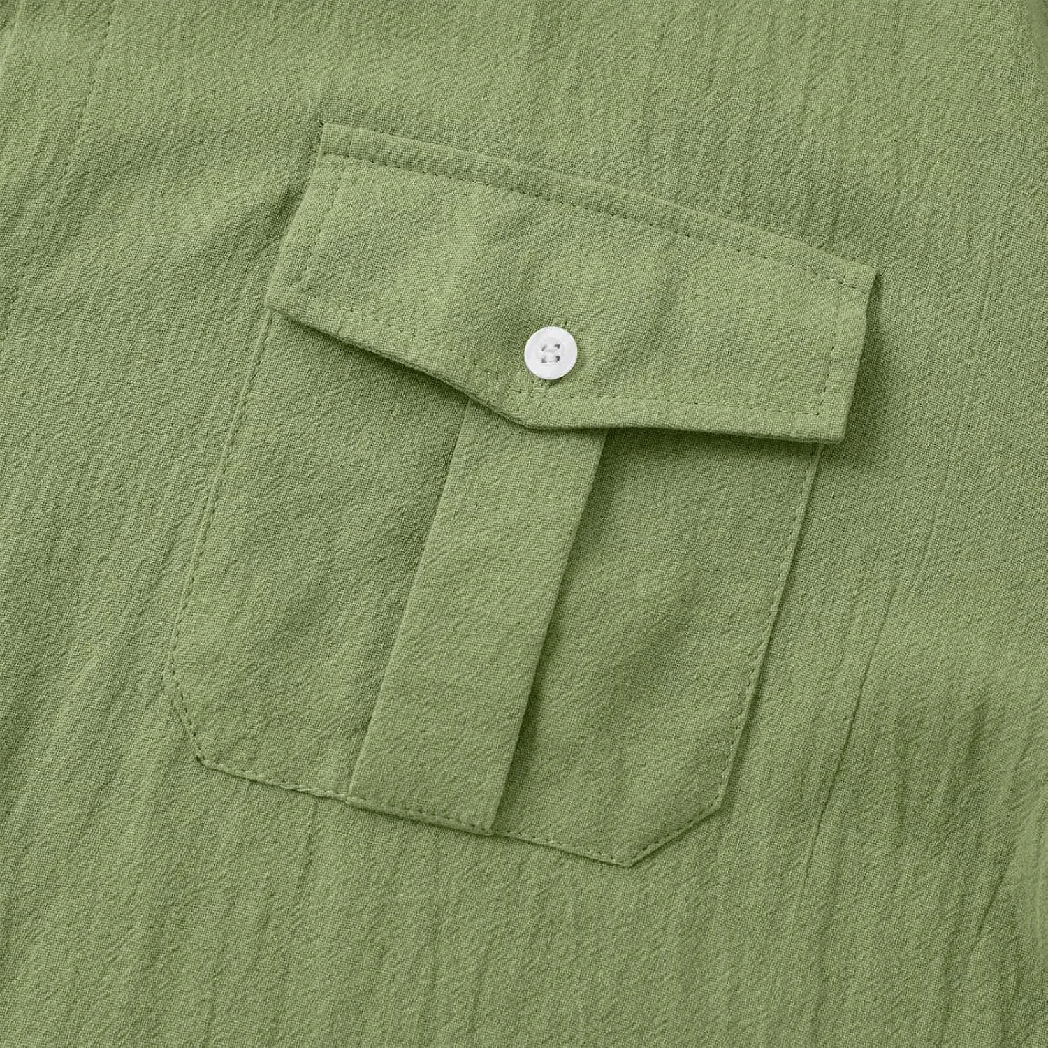 Linen Shirts for Men Long Sleeve Lapel Solid Casual Dress Shirt Cotton Linen Fashion Sports Cardigan with Pockets