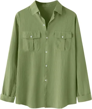 Linen Shirts for Men Long Sleeve Lapel Solid Casual Dress Shirt Cotton Linen Fashion Sports Cardigan with Pockets