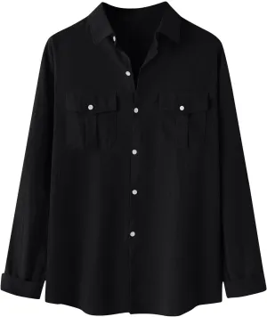 Linen Shirts for Men Long Sleeve Lapel Solid Casual Dress Shirt Cotton Linen Fashion Sports Cardigan with Pockets