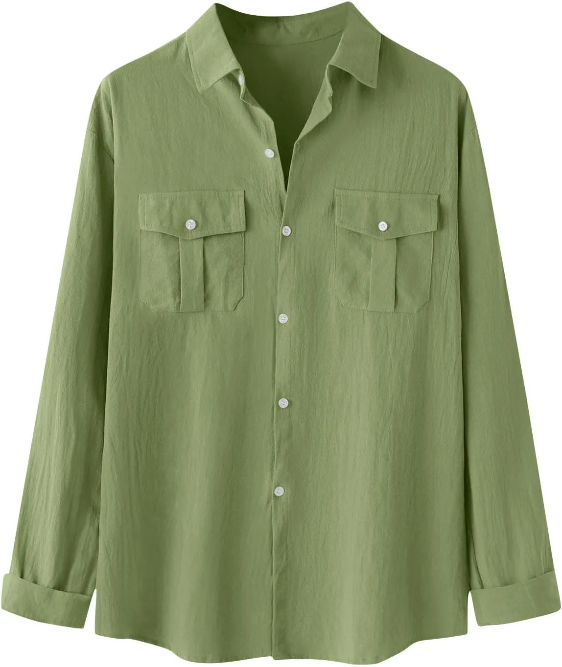 Linen Shirts for Men Long Sleeve Lapel Solid Casual Dress Shirt Cotton Linen Fashion Sports Cardigan with Pockets