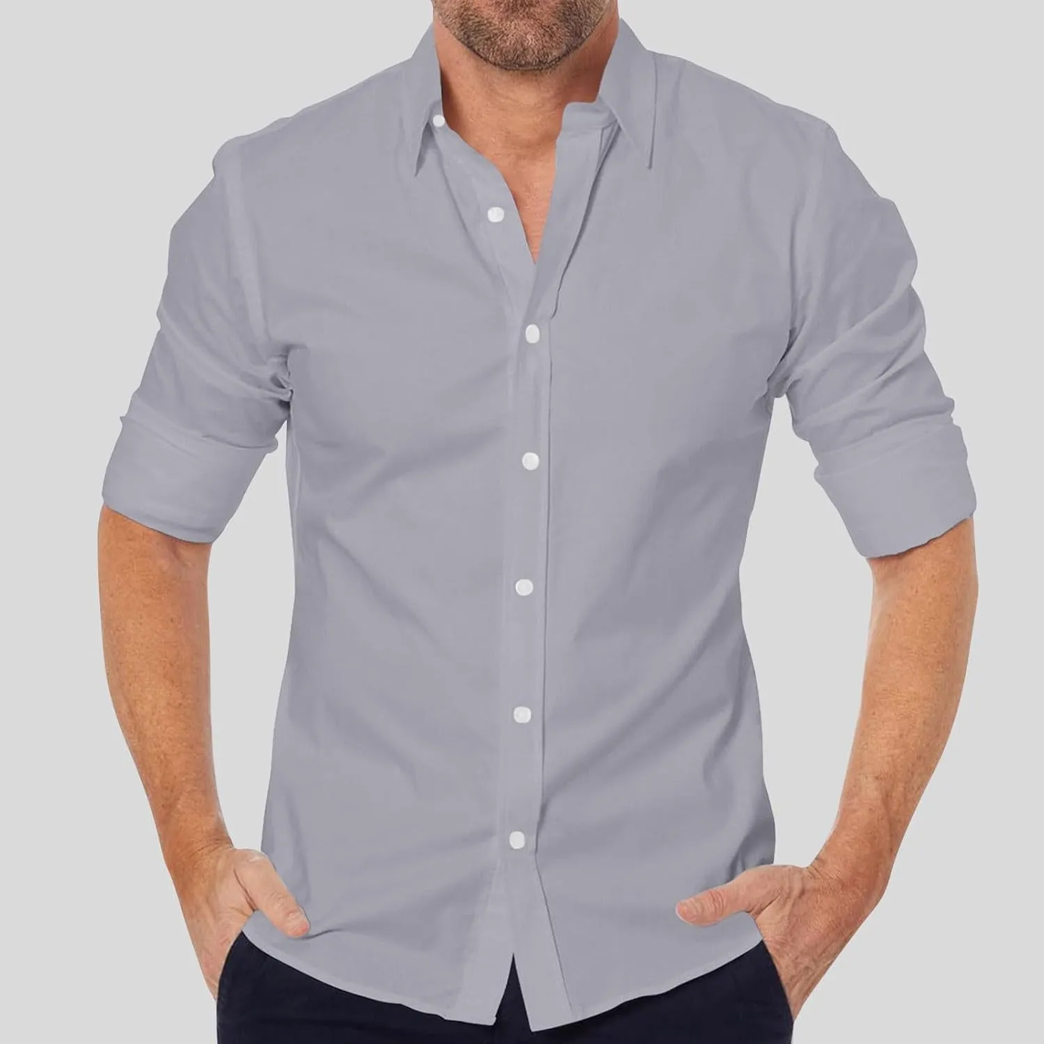 Linen Shirts Men Long Sleeve Cotton Button Down Solid Color Dress Shirt Lapel Trendy Casual Comfy Summer Tees Blouses
