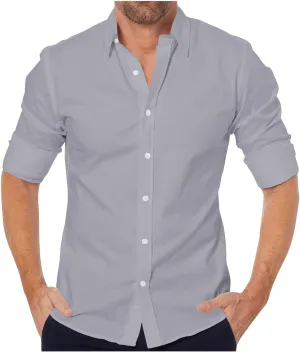 Linen Shirts Men Long Sleeve Cotton Button Down Solid Color Dress Shirt Lapel Trendy Casual Comfy Summer Tees Blouses