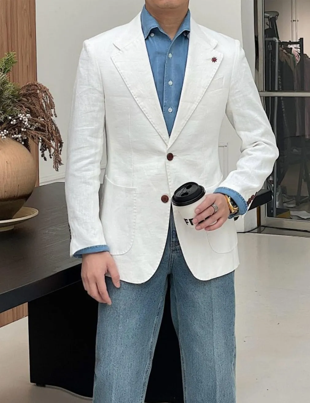 Linen Single Breasted Blazer for Men Slim Fit Notch Lapel Sport Coats Jacket for Business Wedding Prom