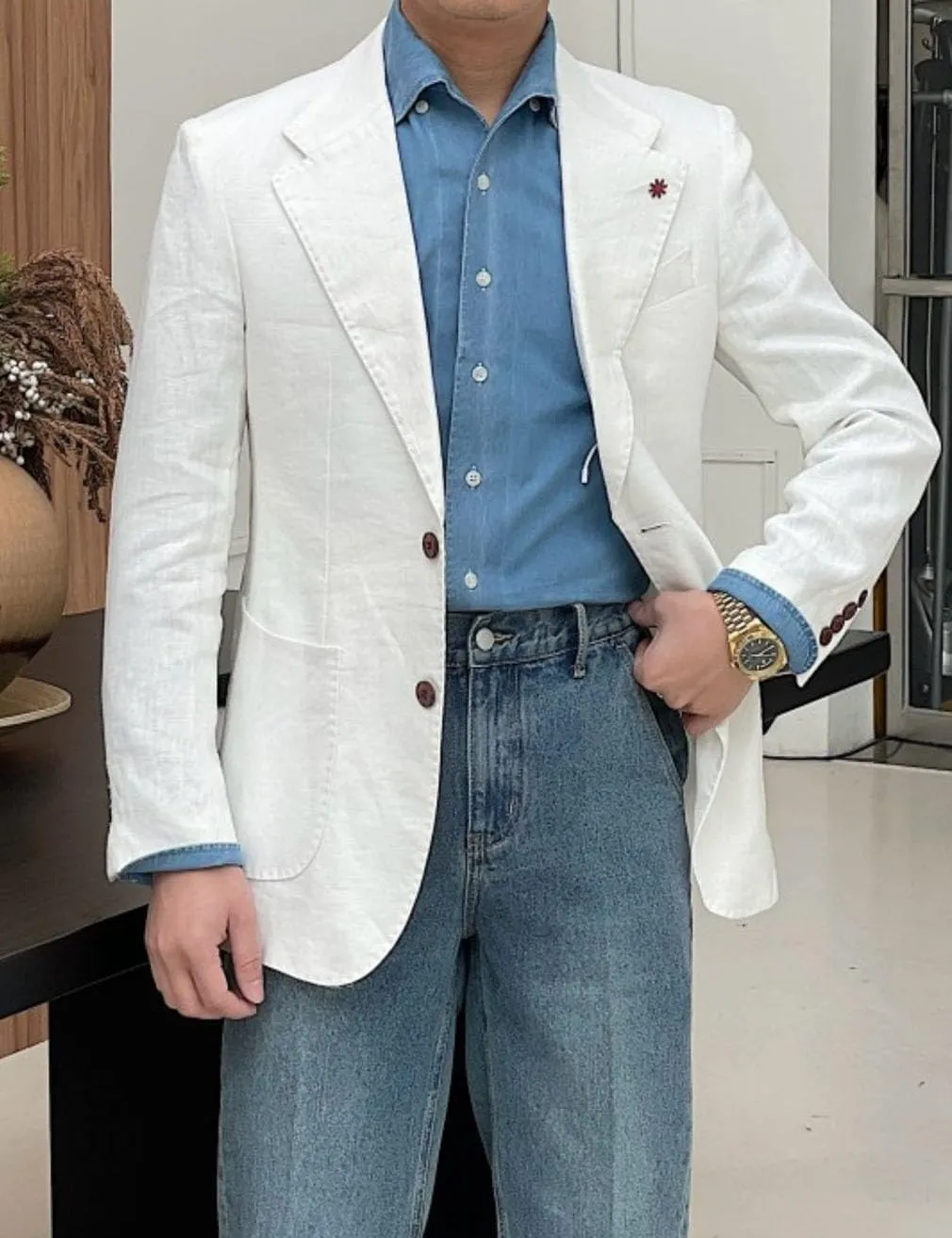 Linen Single Breasted Blazer for Men Slim Fit Notch Lapel Sport Coats Jacket for Business Wedding Prom