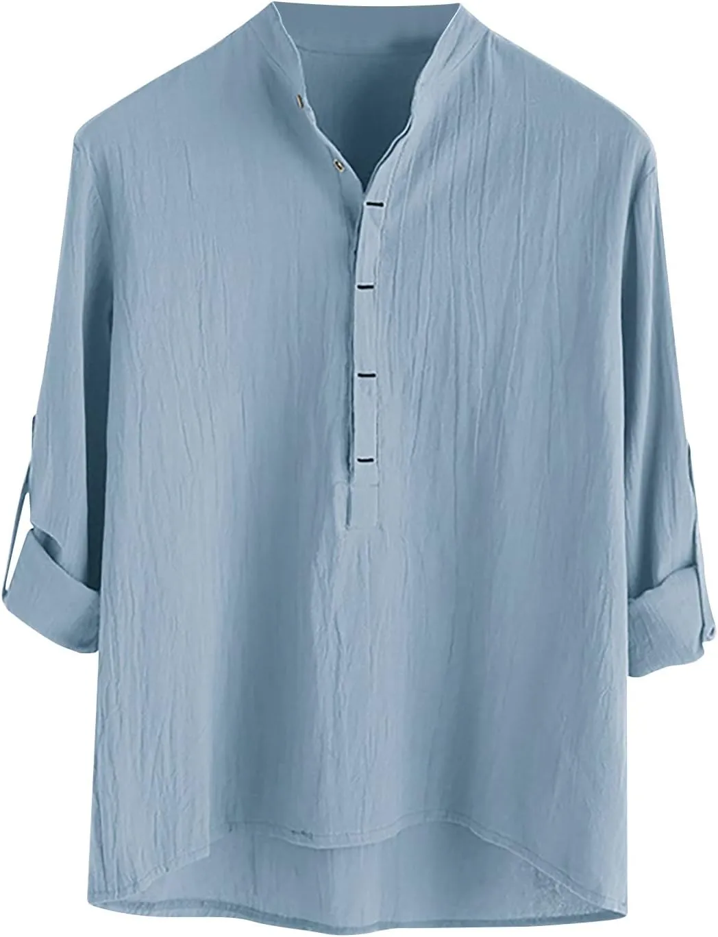 Linen T Shirts for Men Long Sleeve Band Collar Solid Dress Shirt Loose Textured Summer 2025 Basic Cotton Blouses Top