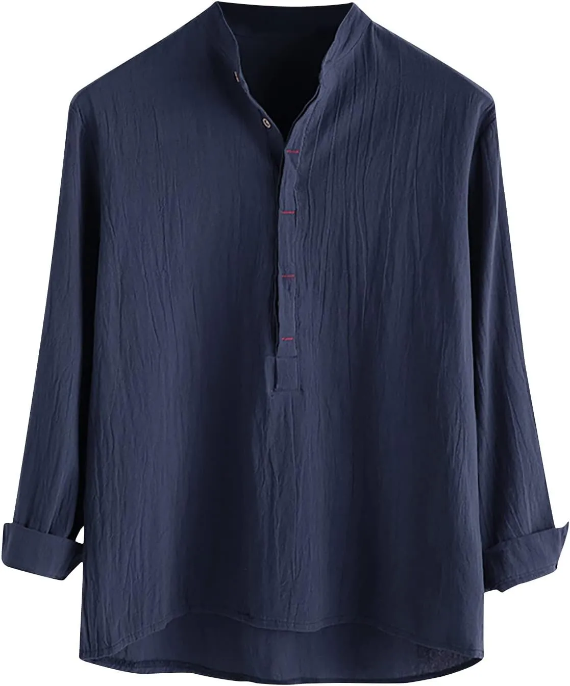 Linen T Shirts for Men Long Sleeve Band Collar Solid Dress Shirt Loose Textured Summer 2025 Basic Cotton Blouses Top