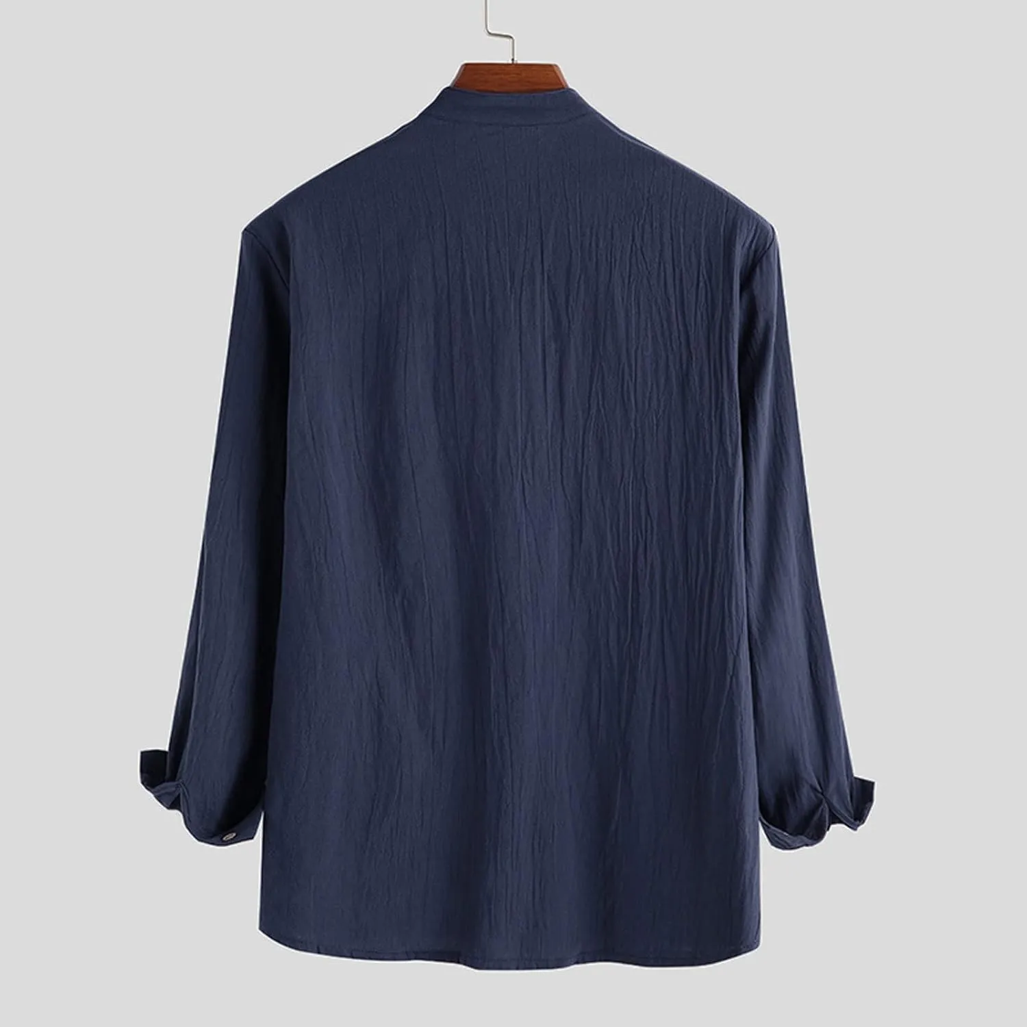Linen T Shirts for Men Long Sleeve Band Collar Solid Dress Shirt Loose Textured Summer 2025 Basic Cotton Blouses Top