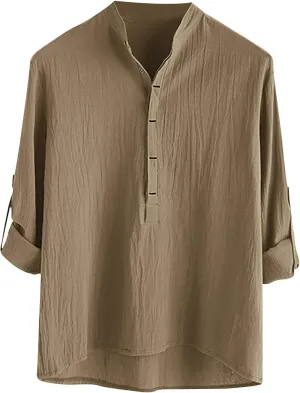 Linen T Shirts for Men Long Sleeve Band Collar Solid Dress Shirt Loose Textured Summer 2025 Basic Cotton Blouses Top