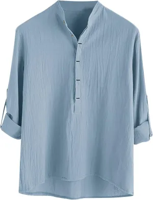 Linen T Shirts for Men Long Sleeve Band Collar Solid Dress Shirt Loose Textured Summer 2025 Basic Cotton Blouses Top