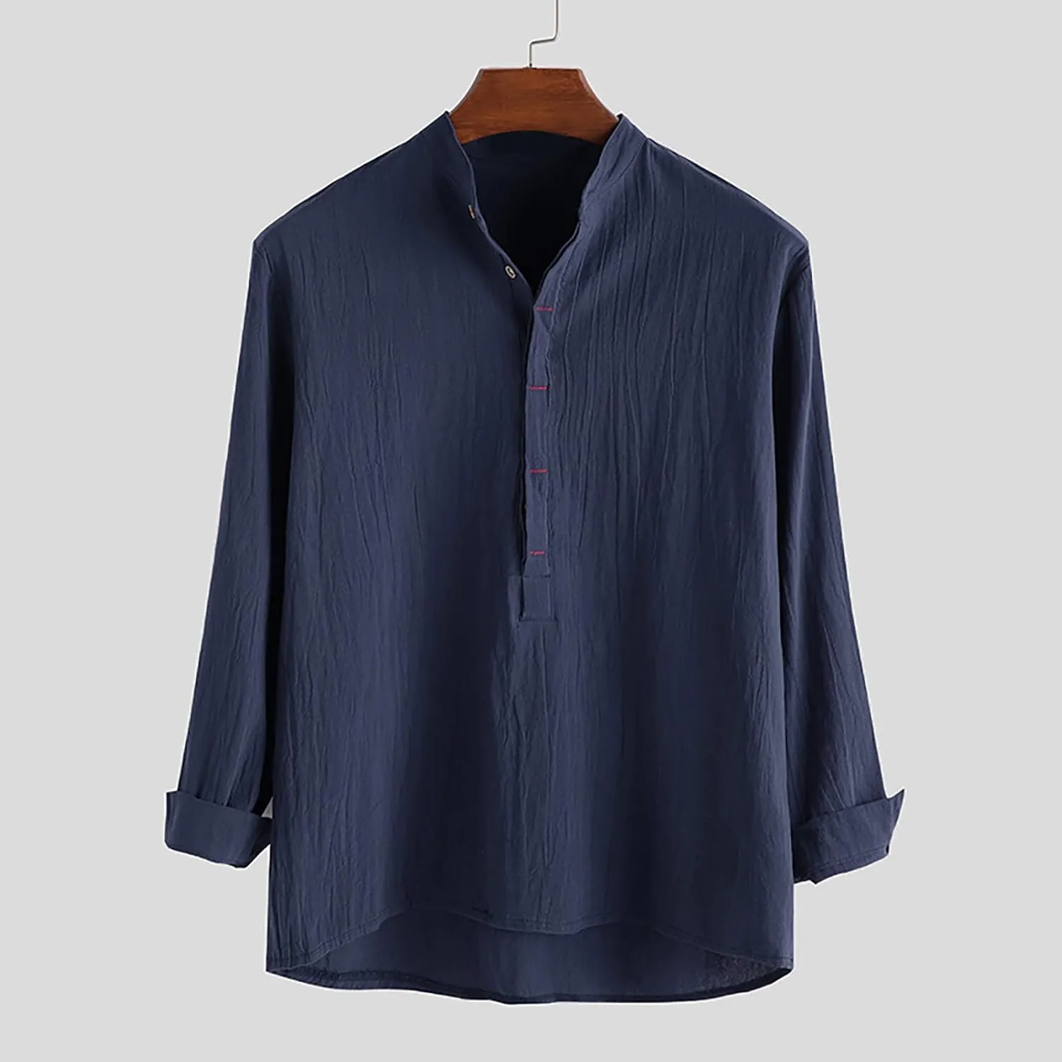 Linen T Shirts for Men Long Sleeve Band Collar Solid Dress Shirt Loose Textured Summer 2025 Basic Cotton Blouses Top