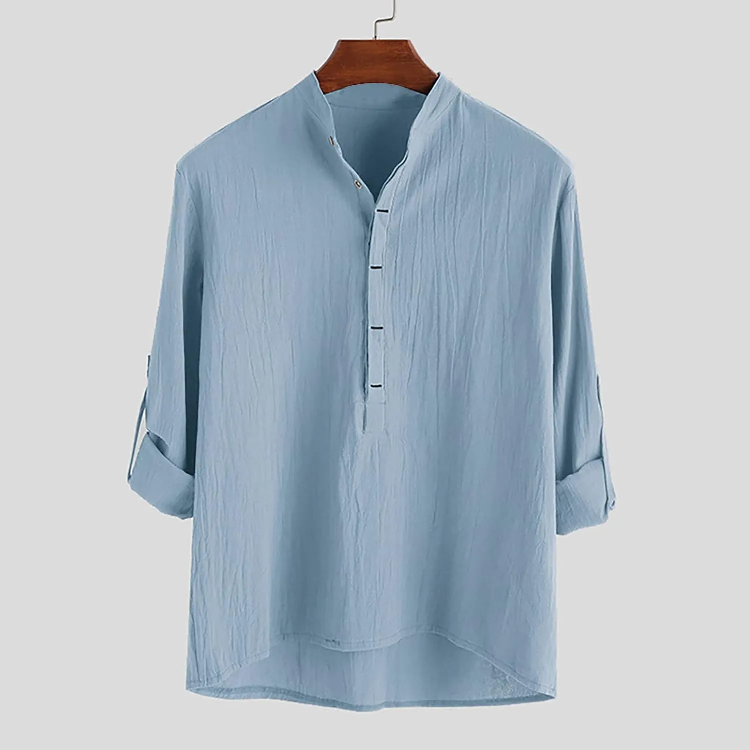 Linen T Shirts for Men Long Sleeve Band Collar Solid Dress Shirt Loose Textured Summer 2025 Basic Cotton Blouses Top