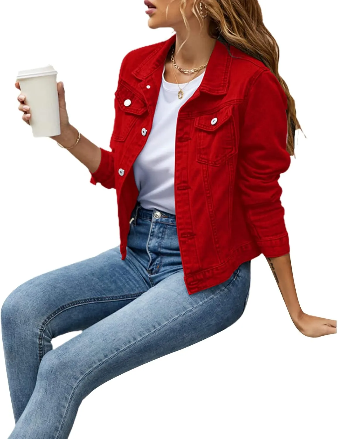 lisenraIn Jean Jackets for Women Fashion Basic Long Sleeve Button Down Denim Jacket Lightweight Cropped Jean Jacket
